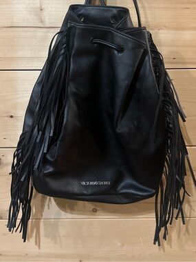 Victoria's Secret Black Fringe Drawstring Backpack Purse